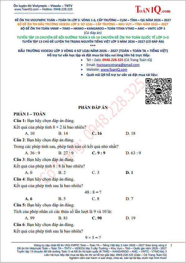 Đề thi Đấu trường Vioedu lớp 3 Vòng 4 sơ loại năm 2026 - 2027