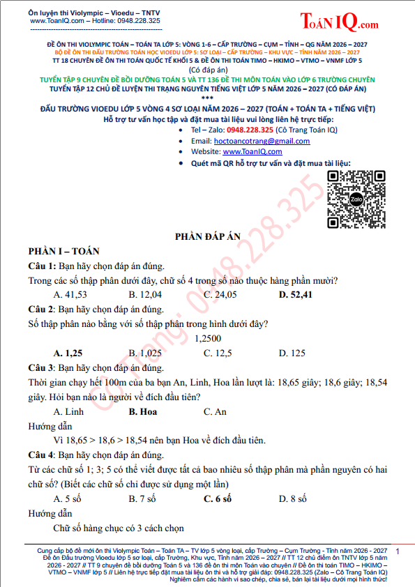 Đề thi Đấu trường Vioedu lớp 5 Vòng 4 sơ loại năm 2026 - 2027