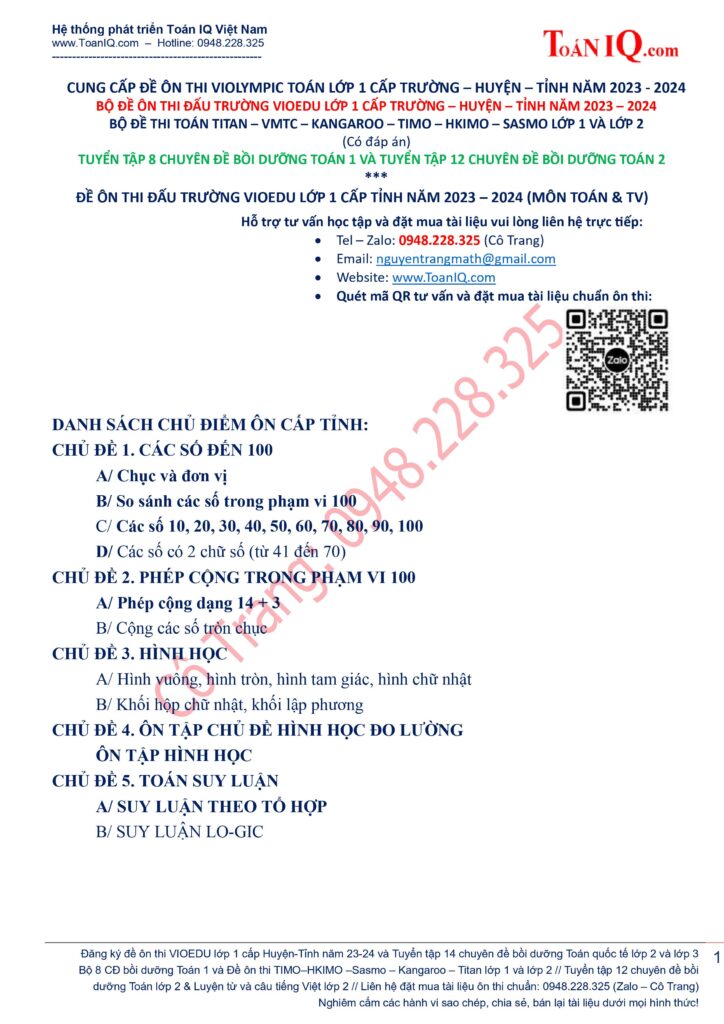 Đề thi Vioedu lớp 1 cấp Tỉnh năm 2023 - 2024 có đáp án