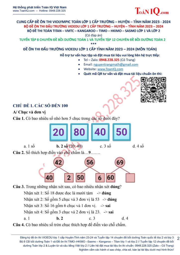 Đề thi Vioedu lớp 1 cấp Tỉnh năm 2023 - 2024 ôn theo chủ điểm