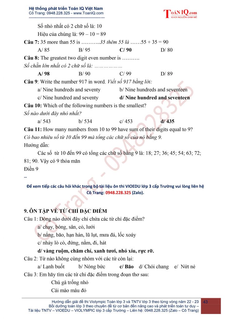 Đề thi VIOEDU lớp 3 cấp Trường
