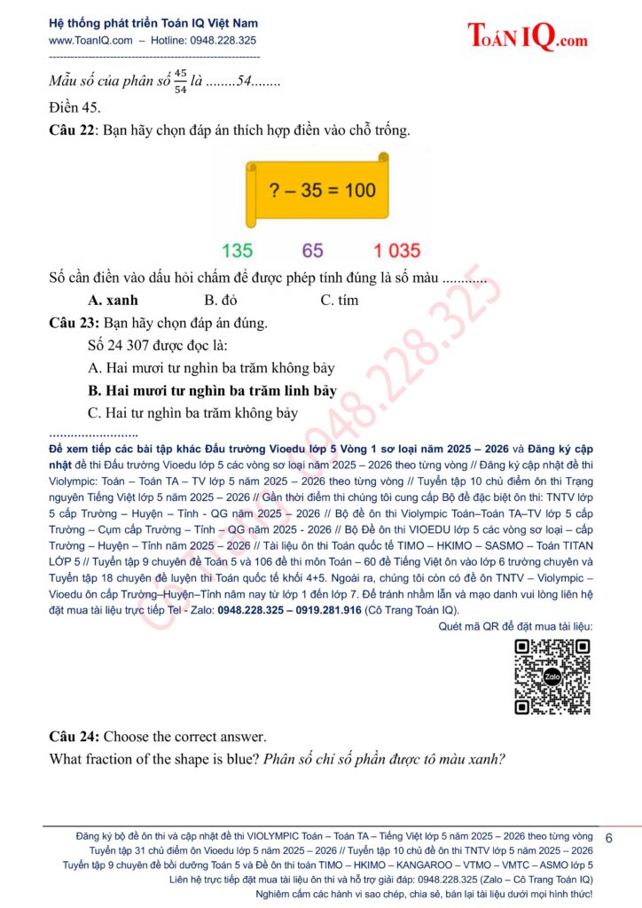 Đề thi Vioedu lớp 5 vòng 1 sơ loại năm 2025 - 2026 có đáp án