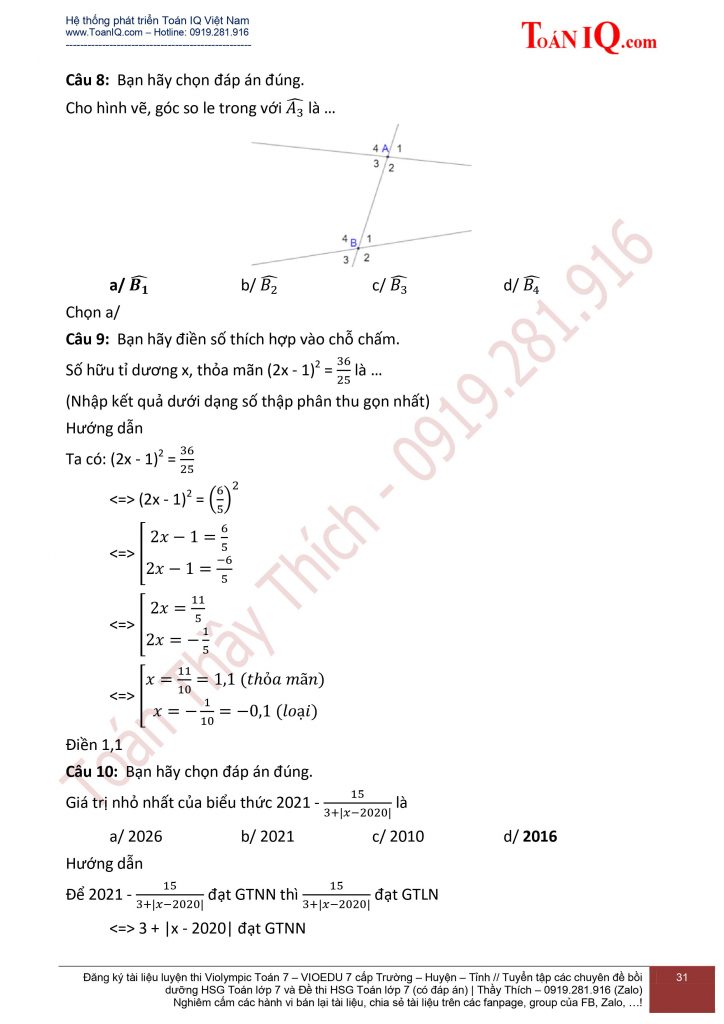 Đề thi VIOEDU lớp 7 cấp Trường