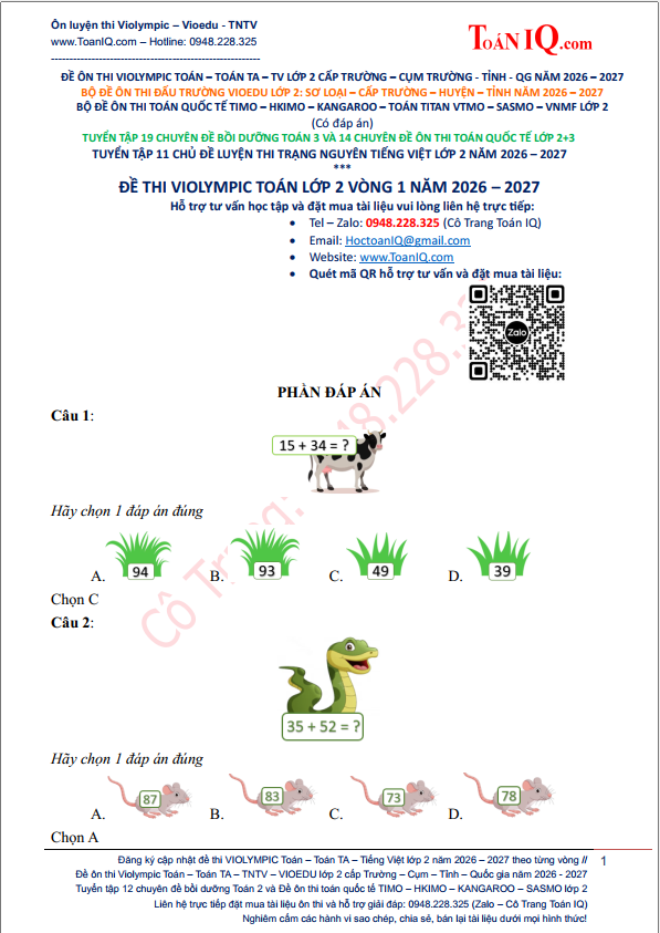 Đề thi Violympic Toán lớp 2 Vòng 1 năm 2026 - 2027
