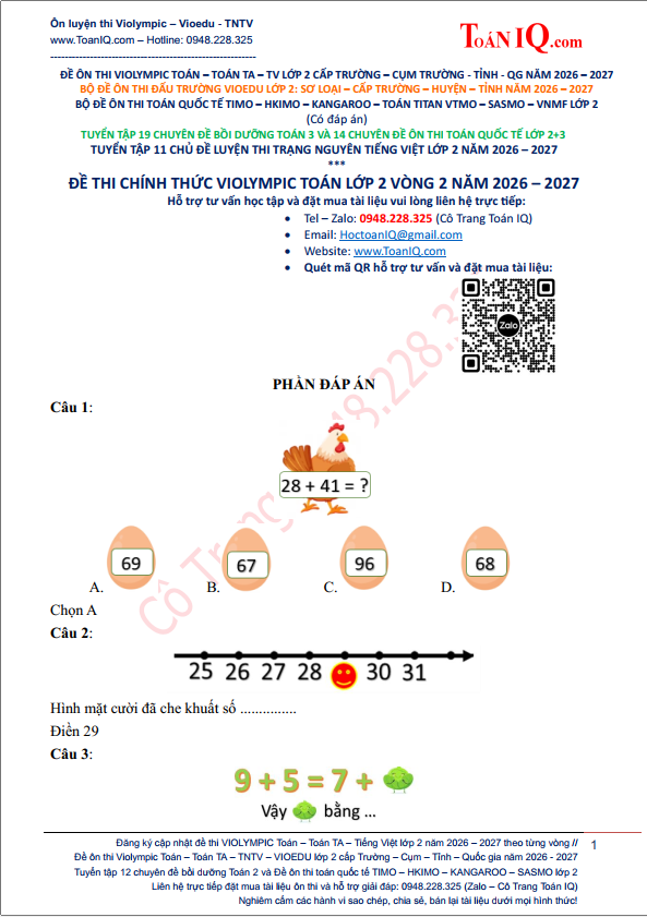 Đề thi Violympic Toán lớp 2 Vòng 2 năm 2026 - 2027