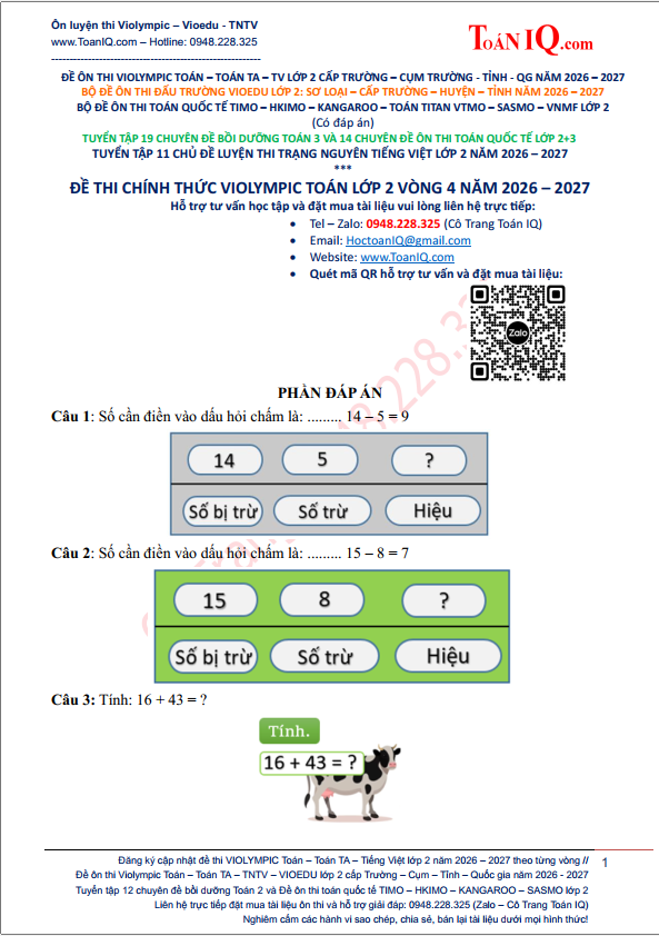 Đề thi Violympic Toán lớp 2 Vòng 4 năm 2026 - 2027