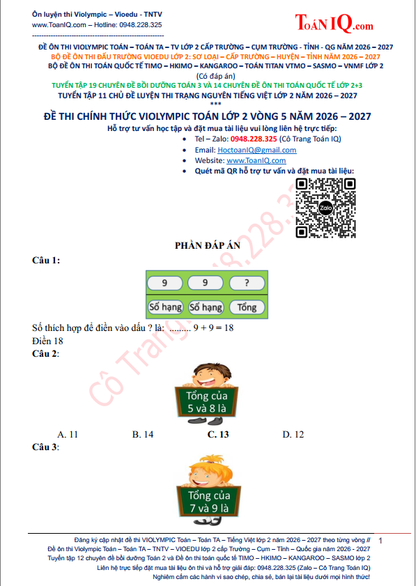 Đề thi Violympic Toán lớp 2 Vòng 5 năm 2026 - 2027