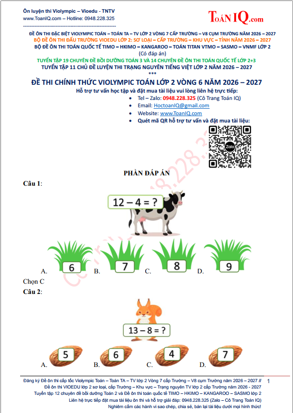 Đề thi Violympic Toán lớp 2 Vòng 6 năm 2026 - 2027