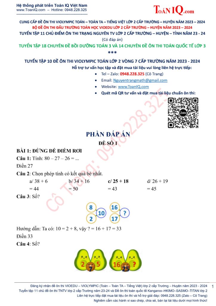 Đề thi Violympic Toán lớp 2 Vòng 7 cấp trường năm 2023 - 2024 ôn theo 10 đề trọng điểm có đáp án
