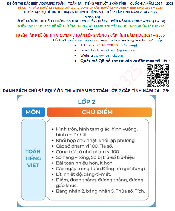 Đề thi Violympic Toán lớp 2 Vòng 9 cấp Tỉnh năm 2024 - 2025
