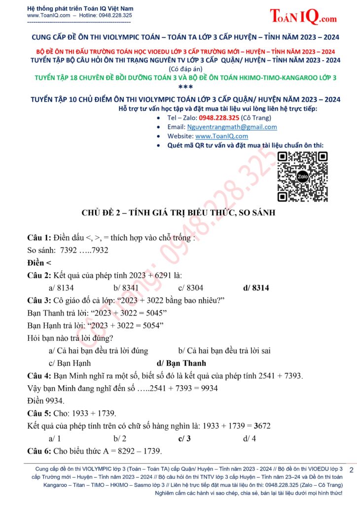 Đề thi Violympic Toán lớp 3 cấp Huyện năm 2023 - 2024