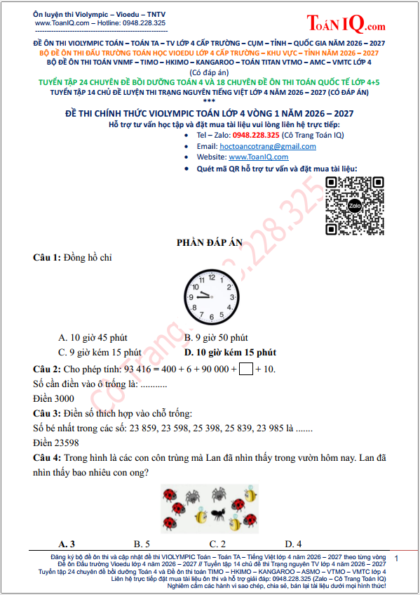 Đề thi Violympic Toán lớp 4 Vòng 1 năm 2026 - 2027