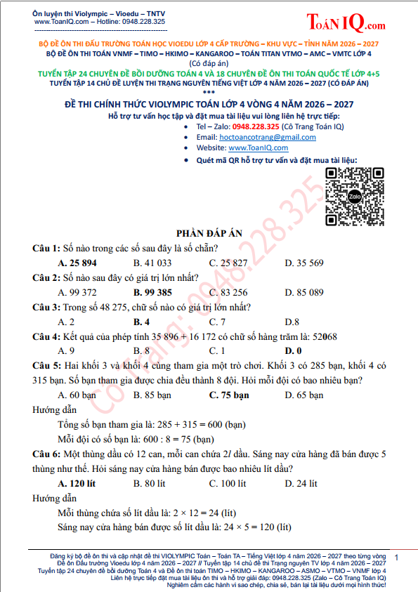 Đề thi Violympic Toán lớp 4 Vòng 4 năm 2026 - 2027