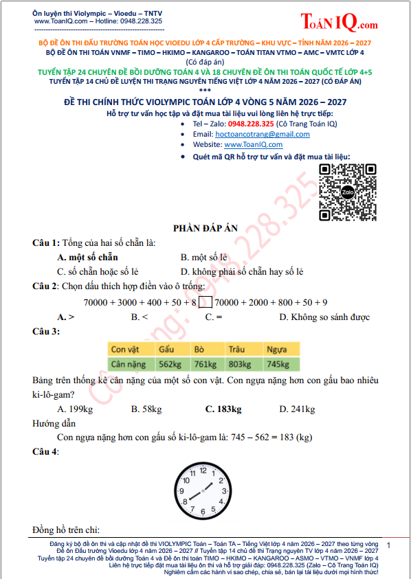 Đề thi Violympic Toán lớp 4 Vòng 5 năm 2026 - 2027