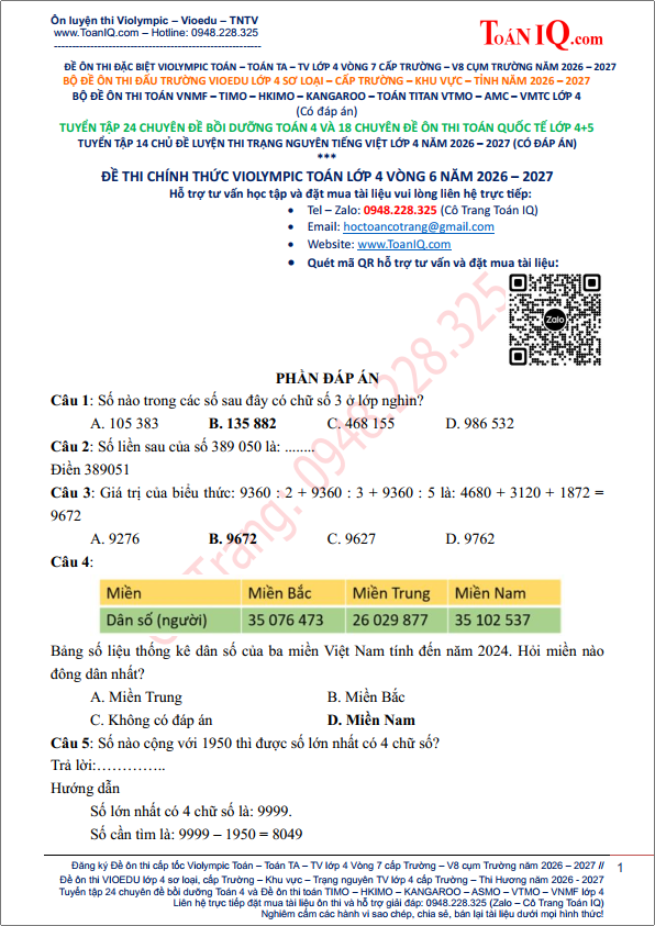 Đề thi Violympic Toán lớp 4 Vòng 6 năm 2026 - 2027