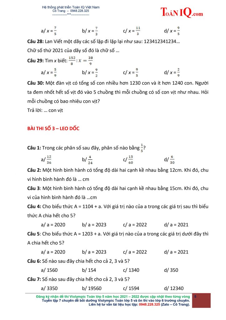 Đề thi Violympic Toán lớp 5 Vòng 1 năm 2021 - 2022