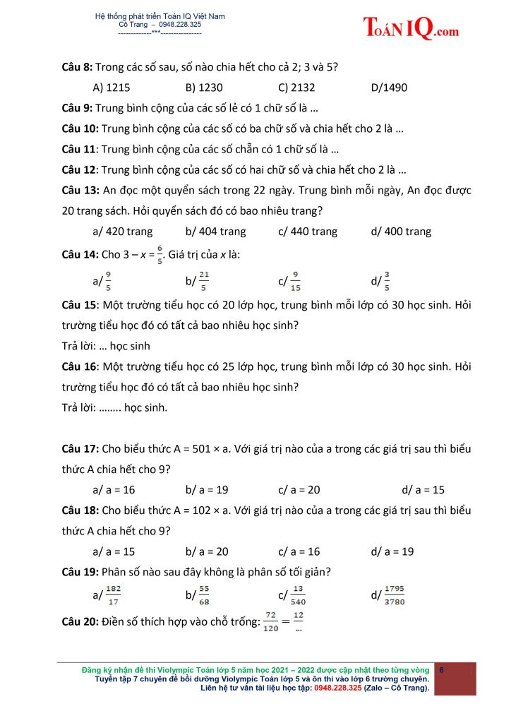 Đề thi Violympic Toán lớp 5 Vòng 1 năm 2021 - 2022