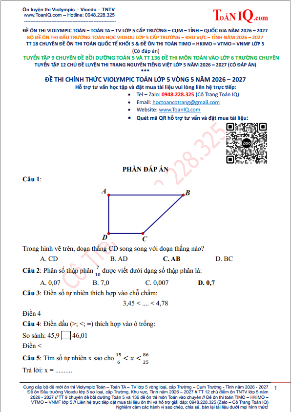 Đề thi Violympic Toán lớp 5 Vòng 5 năm 2026 - 2027