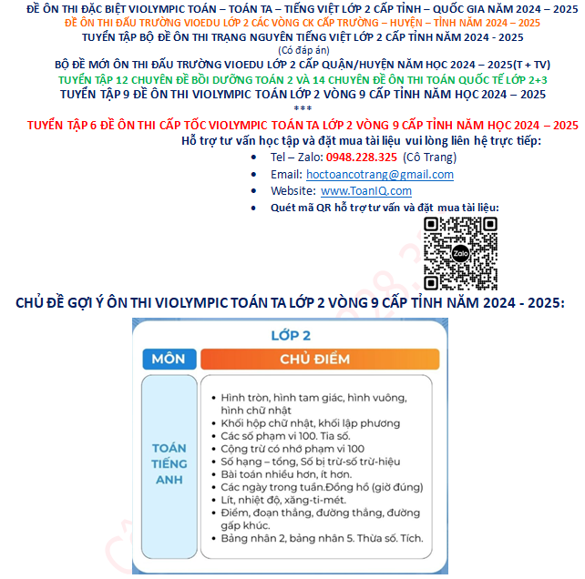 Đề thi Violympic Toán Tiếng Anh lớp 2 Vòng 9 cấp Tỉnh năm 2024 - 2025