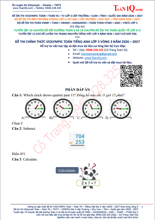 Đề thi Violympic Toán Tiếng Anh lớp 3 Vòng 3 năm 2026 - 2027