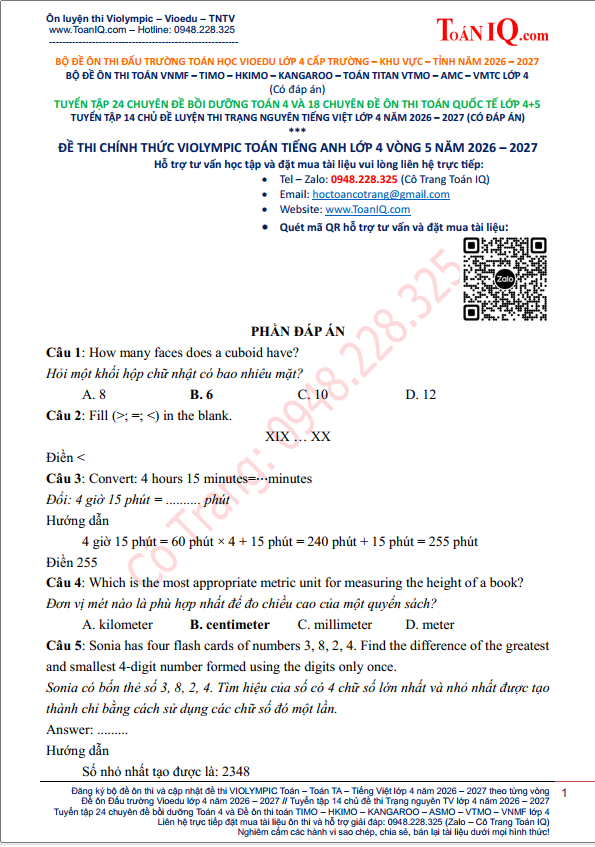Đề thi Violympic Toán Tiếng Anh lớp 4 Vòng 5 năm 2026 - 2027