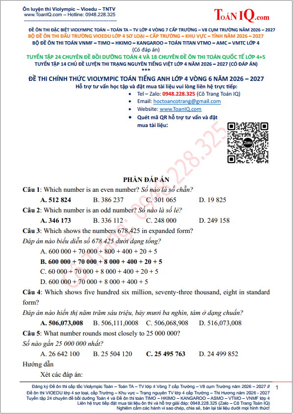 Đề thi Violympic Toán Tiếng Anh lớp 4 Vòng 6 năm 2026 - 2027