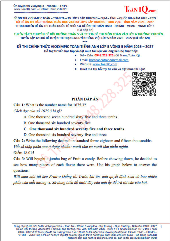 Đề thi Violympic Toán Tiếng Anh lớp 5 Vòng 5 năm 2026 - 2027