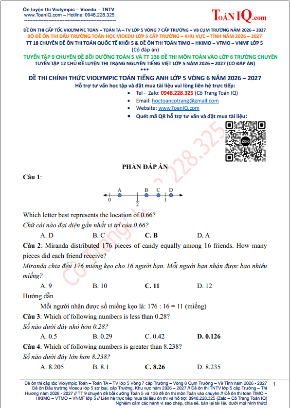 Đề thi Violympic Toán Tiếng Anh lớp 5 Vòng 6 năm 2026 - 2027