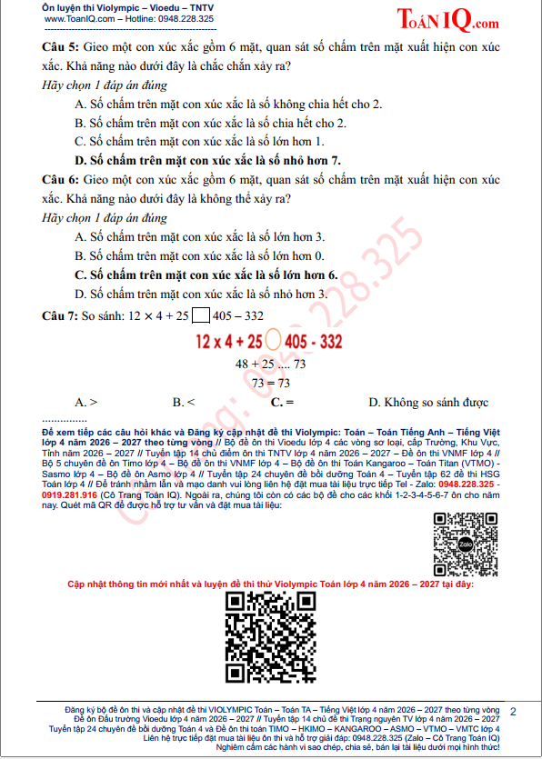 Đề thi Violympic Toán Tiếng Việt lớp 4 Vòng 1 năm 2026 - 2027