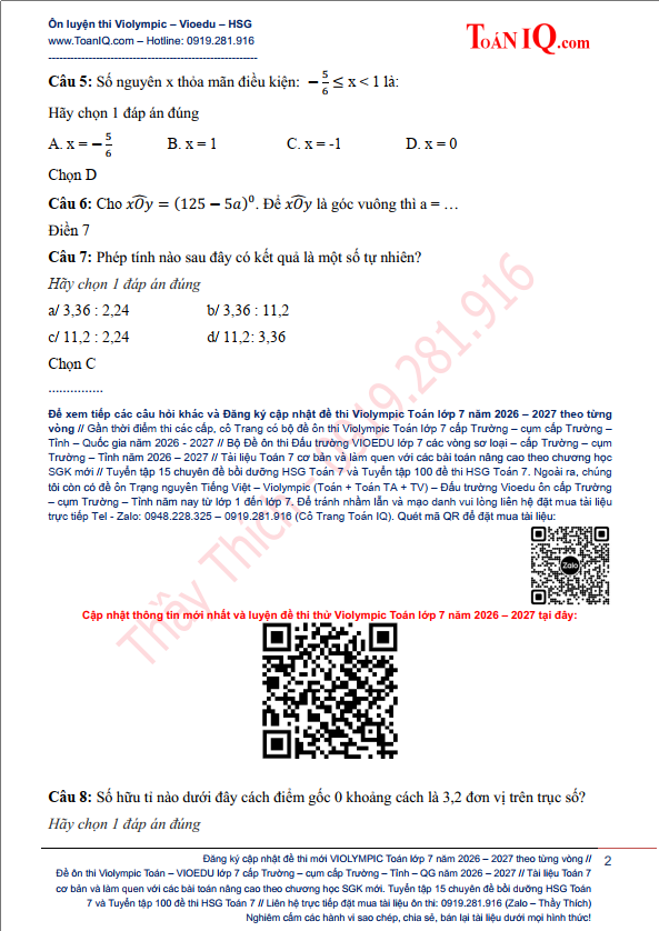 Đề thi Violympic Toán Tiếng Việt lớp 7 Vòng 3 năm 2026 - 2027