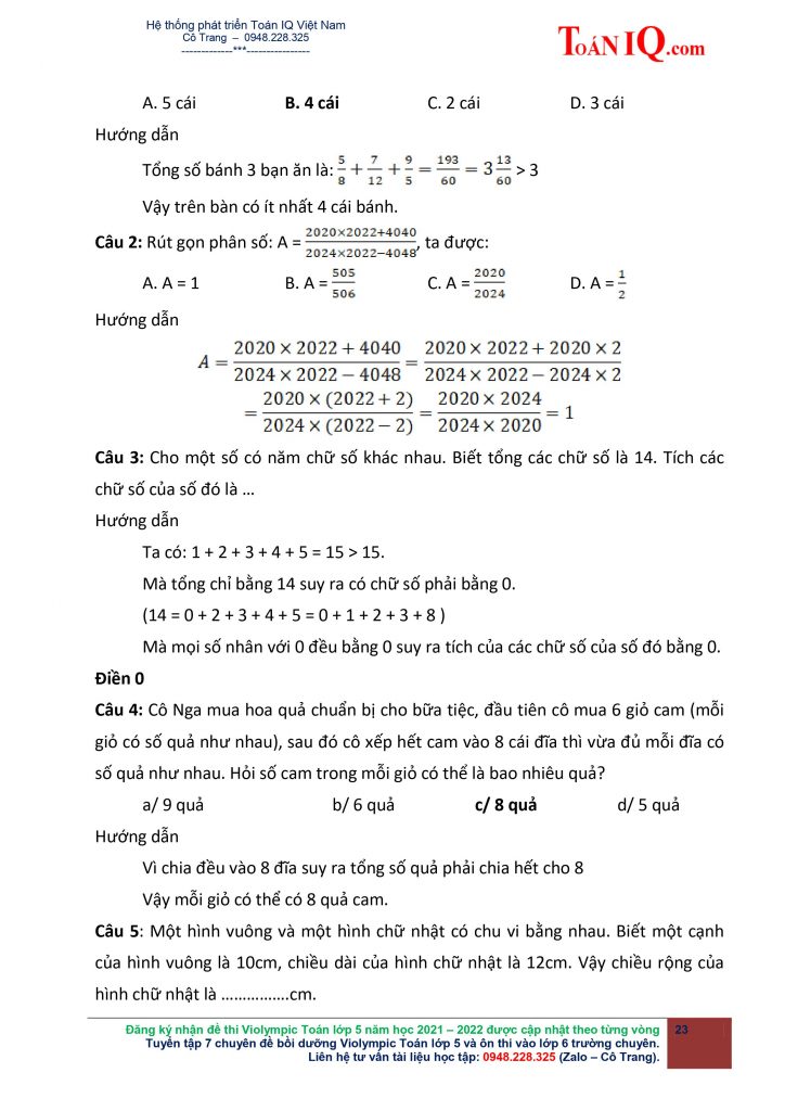 Giải Đề thi Violympic Toán lớp 5 Vòng 1 năm 2021 - 2022