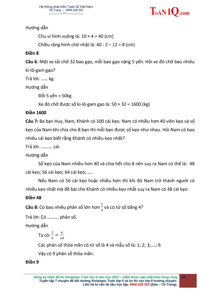 Giải Đề thi Violympic Toán lớp 5 Vòng 1 năm 2021 - 2022