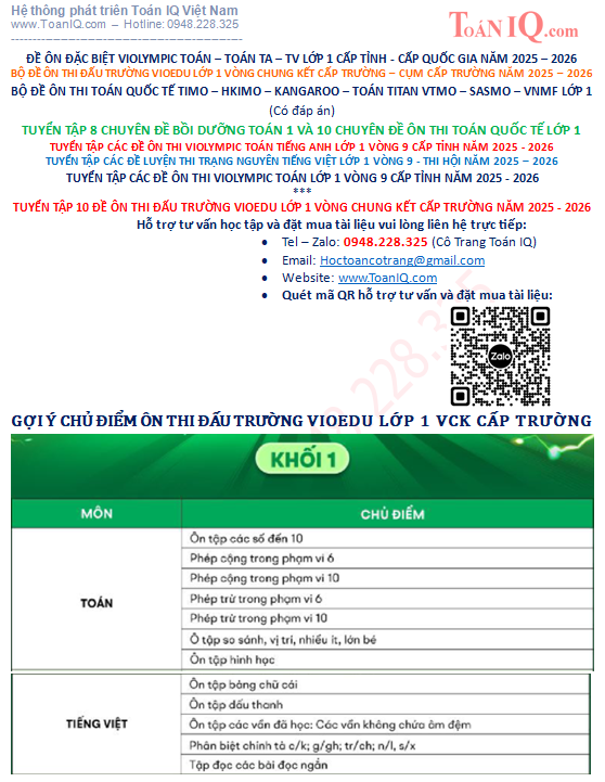 Tuyển tập 10 đề ôn thi đấu trường vioedu lớp 1 cấp trường năm 2025 - 2026
