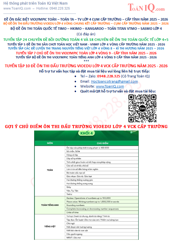 Tuyển tập 10 đề ôn thi đấu trường vioedu lớp 4 cấp trường năm 2025 - 2026