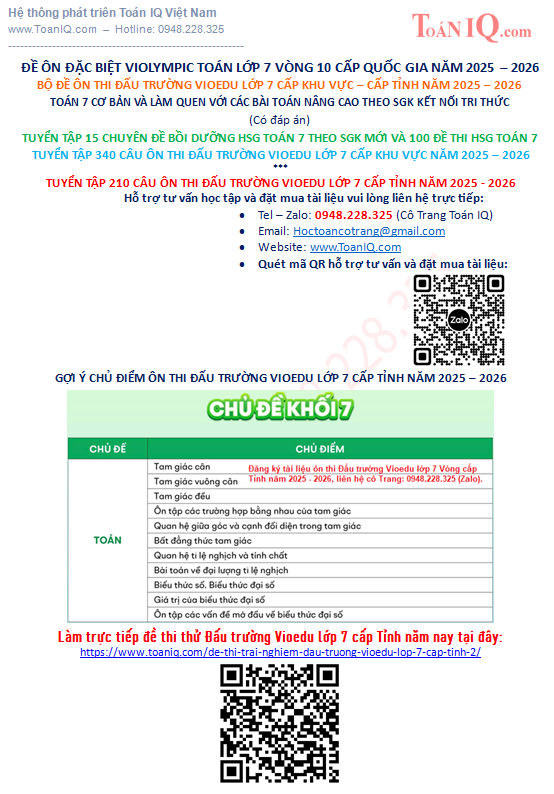 Tuyển tập 210 câu ôn thi Đấu trường Vioedu lớp 7 cấp Tỉnh năm 2025 - 2026
