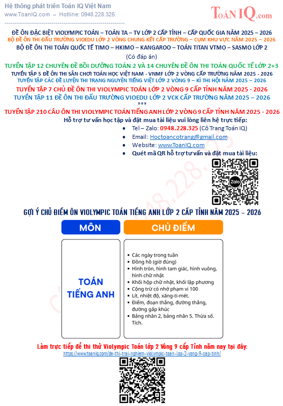 Tuyển tập 210 câu ôn thi Violympic Toán Tiếng Anh lớp 2 Vòng 9 cấp Tỉnh năm 2025 - 2026
