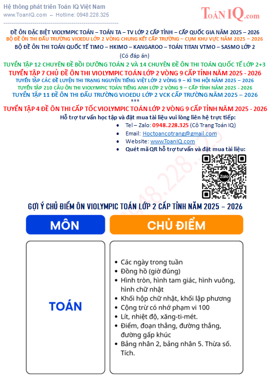 Tuyển tập 4 đề ôn thi Violympic Toán lớp 2 Vòng 9 cấp Tỉnh năm 2025 - 2026