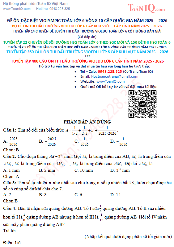 Tuyển tập 400 câu ôn thi Đấu trường Vioedu lớp 6 cấp Tỉnh năm 2025 - 2026