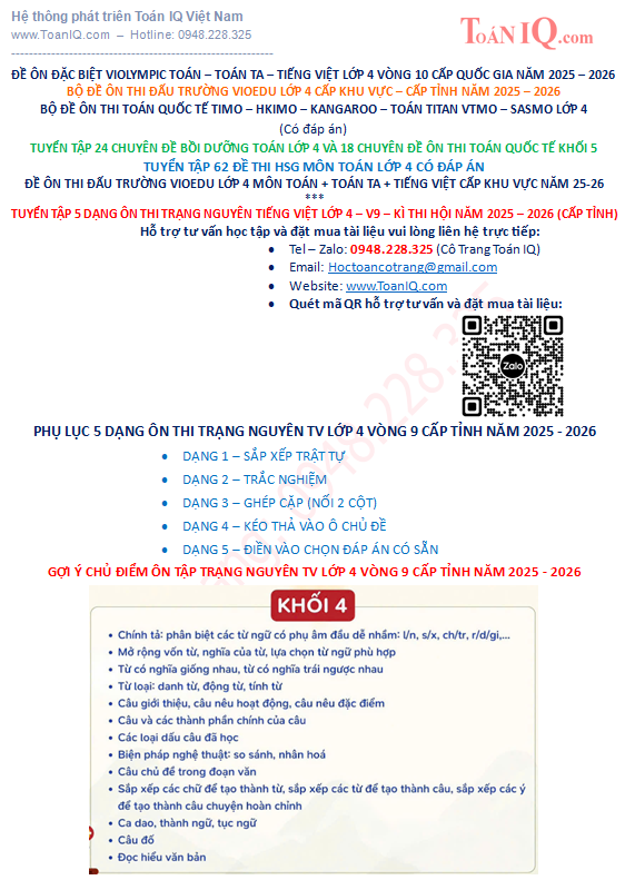 Tuyển tập 5 dạng ôn thi Trạng nguyên Tiếng Việt lớp 4 vòng 9 kì thi hội cấp Tỉnh năm 2025 - 2026