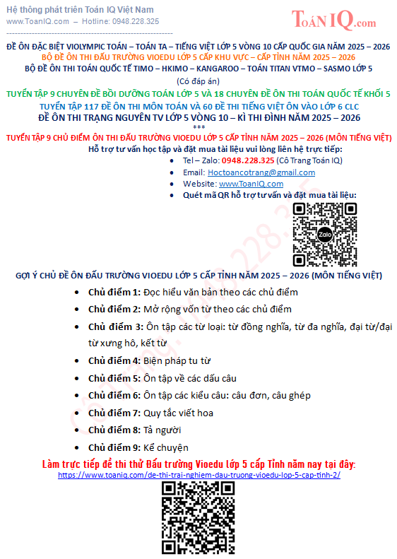 Tuyển tập 9 chủ đề ôn thi Đấu trường Vioedu  lớp 5 cấp Tỉnh năm 2025 - 2026 môn tiếng việt