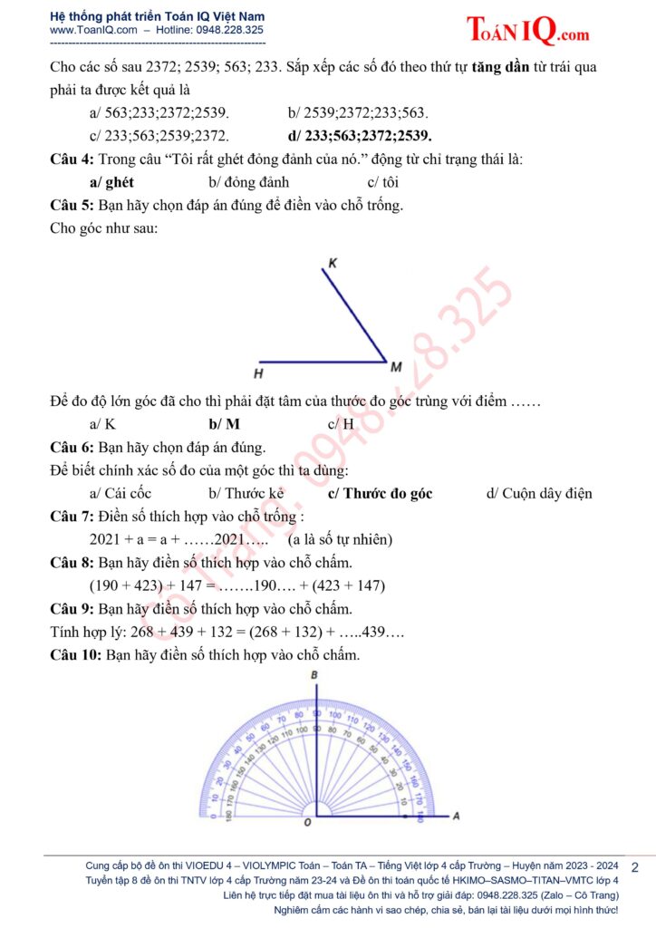 VIOEDU lớp 4 Vòng 9 cấp Trường năm 2023 - 2024 có đáp án