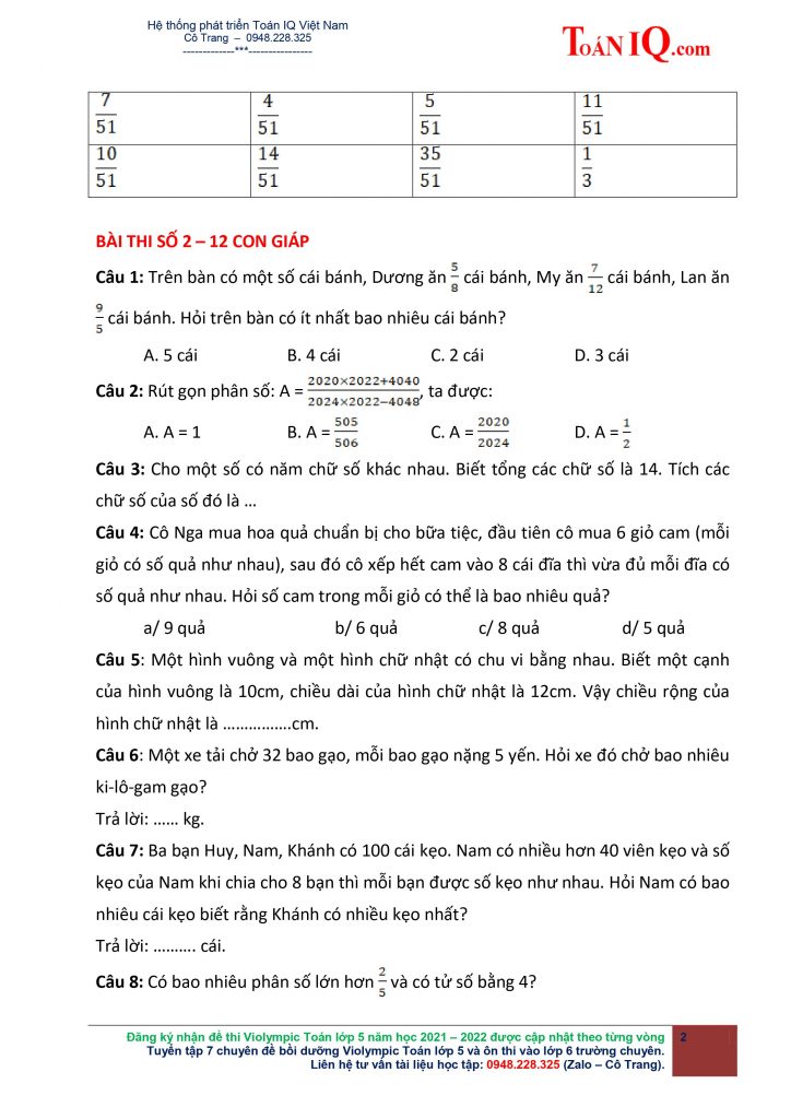 Violympic Toán lớp 5 Vòng 1 năm 2021 - 2022