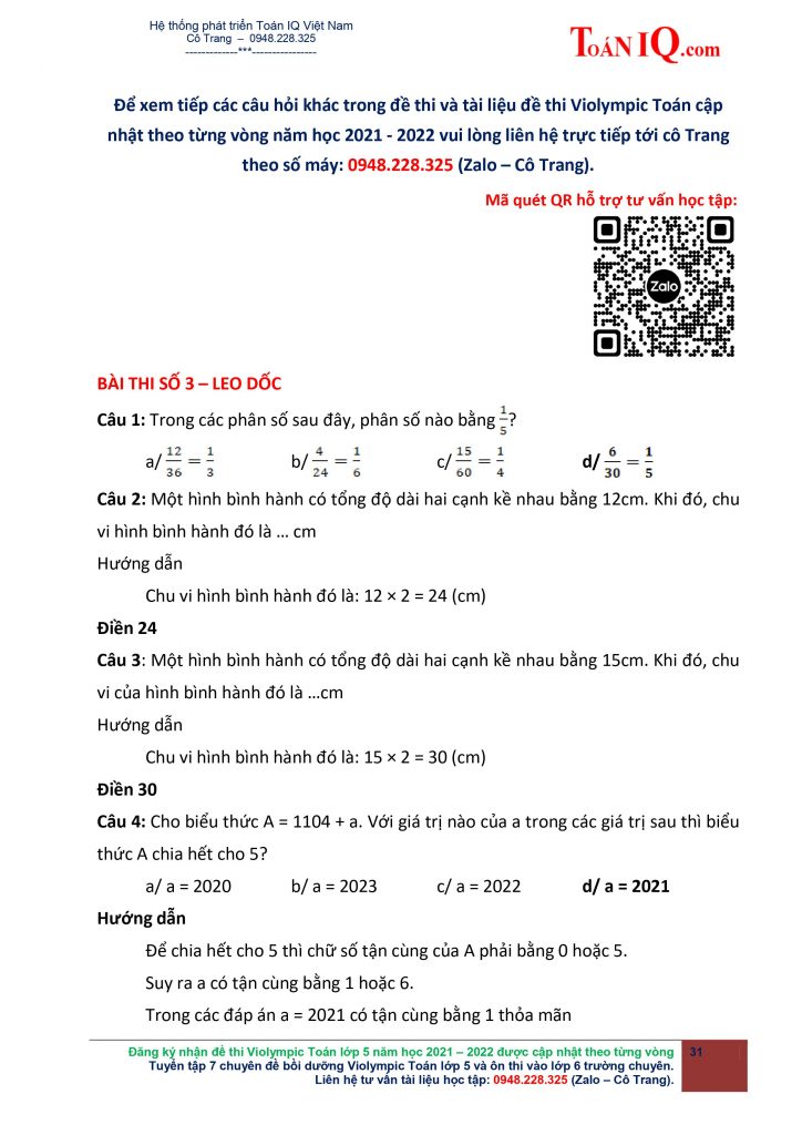 Hướng dẫn giải Đề thi Violympic Toán TV lớp 5 Vòng 1 năm 2021 - 2022