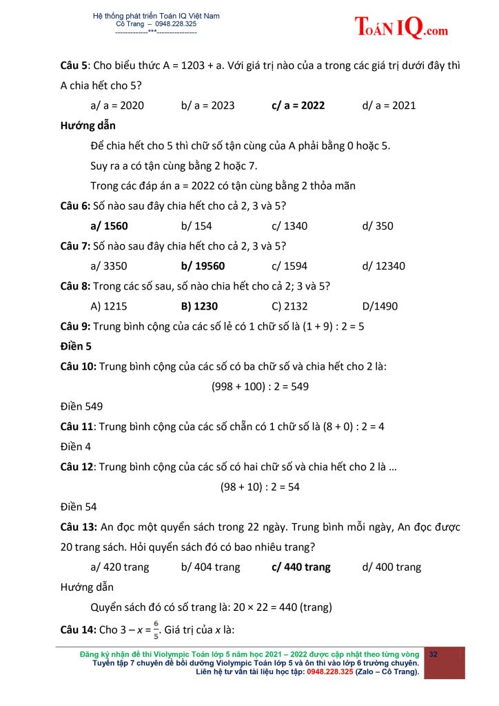 Hướng dẫn giải Đề thi Violympic Toán TV lớp 5 Vòng 1 năm 2021 - 2022