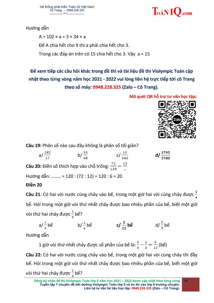 Hướng dẫn giải Đề thi Violympic Toán Tiếng Việt lớp 5 Vòng 1 năm 2021 - 2022